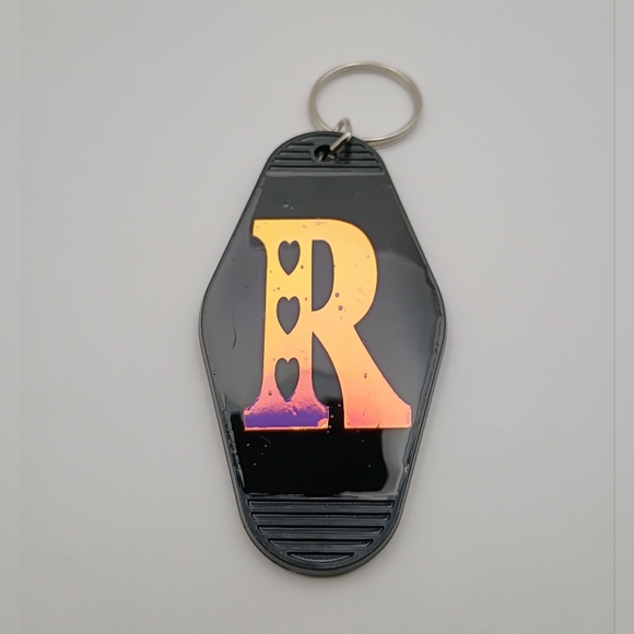 Motel Keychain Custom Retro Styled Holographic Initial Letter R Keyring Gift - Picture 1 of 2